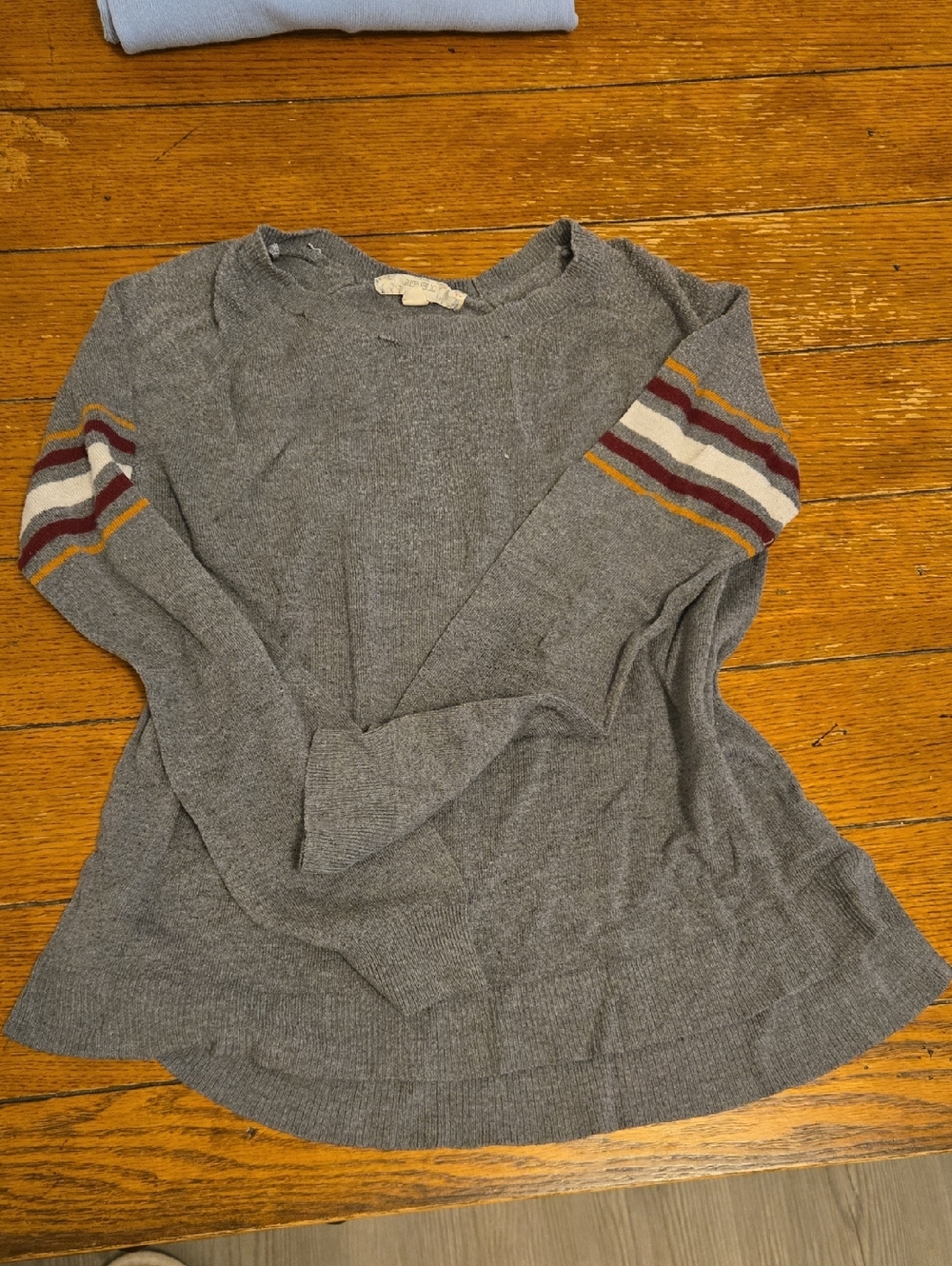 Women’s Gray Knit Sweater with Striped Sleeve Detail